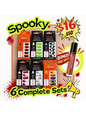 Sally Hansen Perfect Manicure Press On Nails Halloween Lot of 6 BONUS Lip Gloss